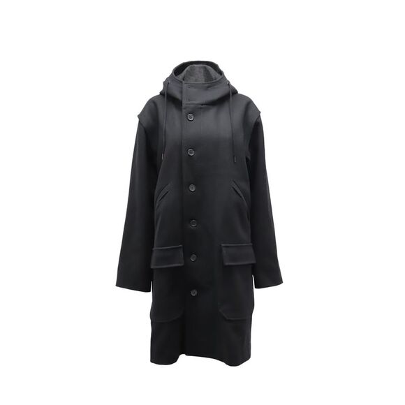Sandro Paris Hooded Wool Blend Coat Men black Parkas - Picture 2 of 6